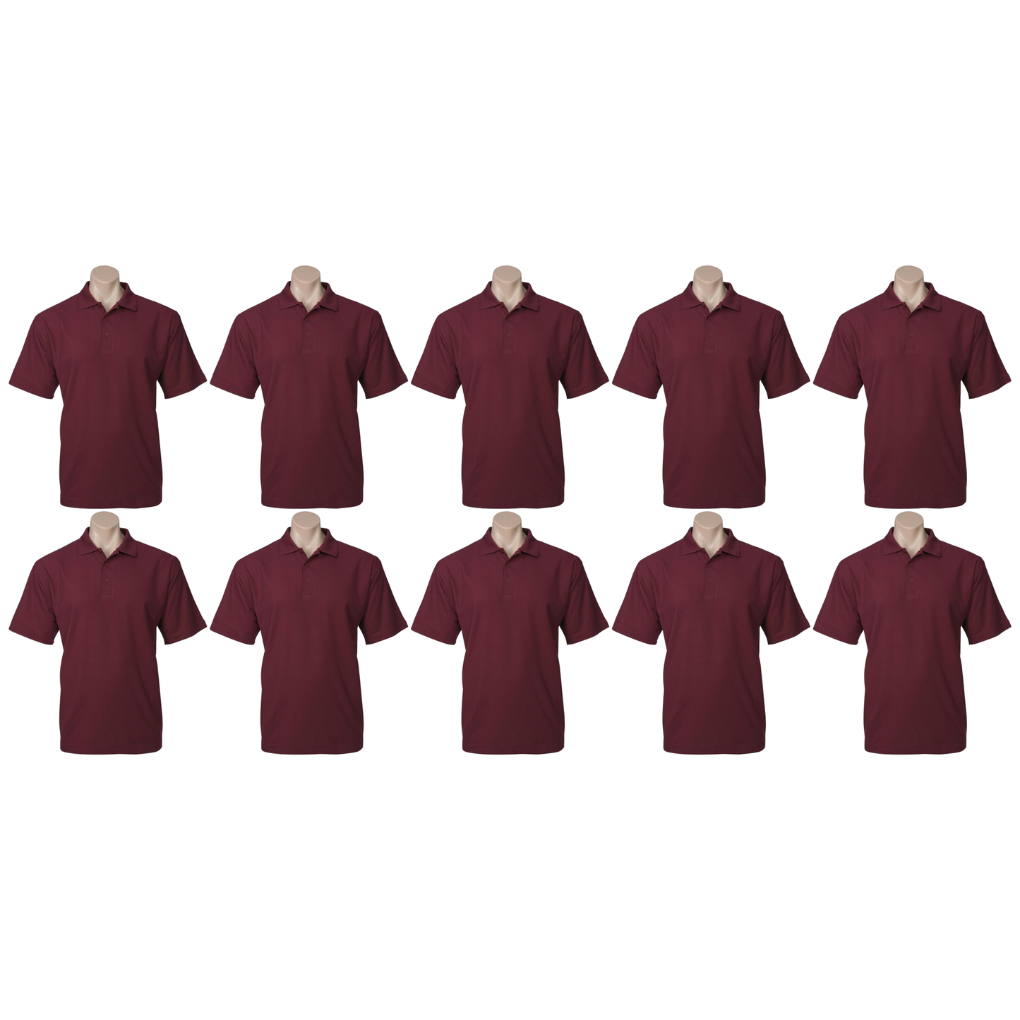 10x Mens Plain Short Sleeve Polo Shirt Bulk Pack - Burgundy (Pique Knit UPF Casual T-Shirt)