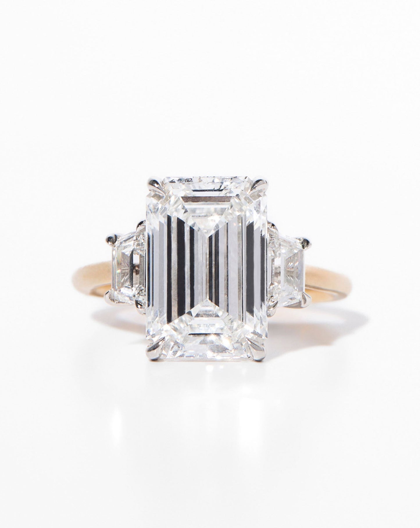 3.84 Emerald Lab Diamond in Whisper Thin® Three Stone with Trapezoids