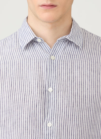 Men S Linen Long Sleeve Shirt In Navy White Linen Stripe Msht2061 Stib